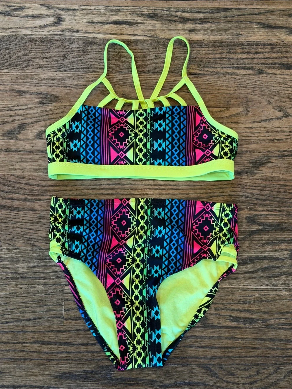 Justice Neon Tribal Two-Piece Swim Bikini in Yellow, Pink, Blue